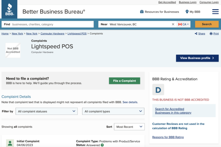 Lightspeed Commerce poor rating by BBB