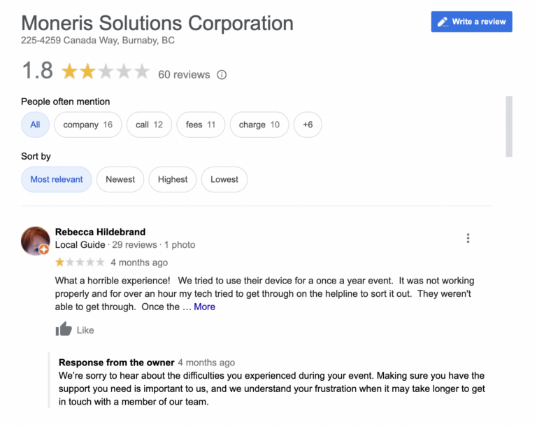 Moneris customer reviews from Google